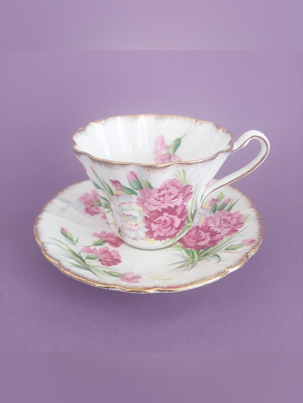 Royal Stafford Pink Carnation Fine Bone China Teacup & Saucer Set England